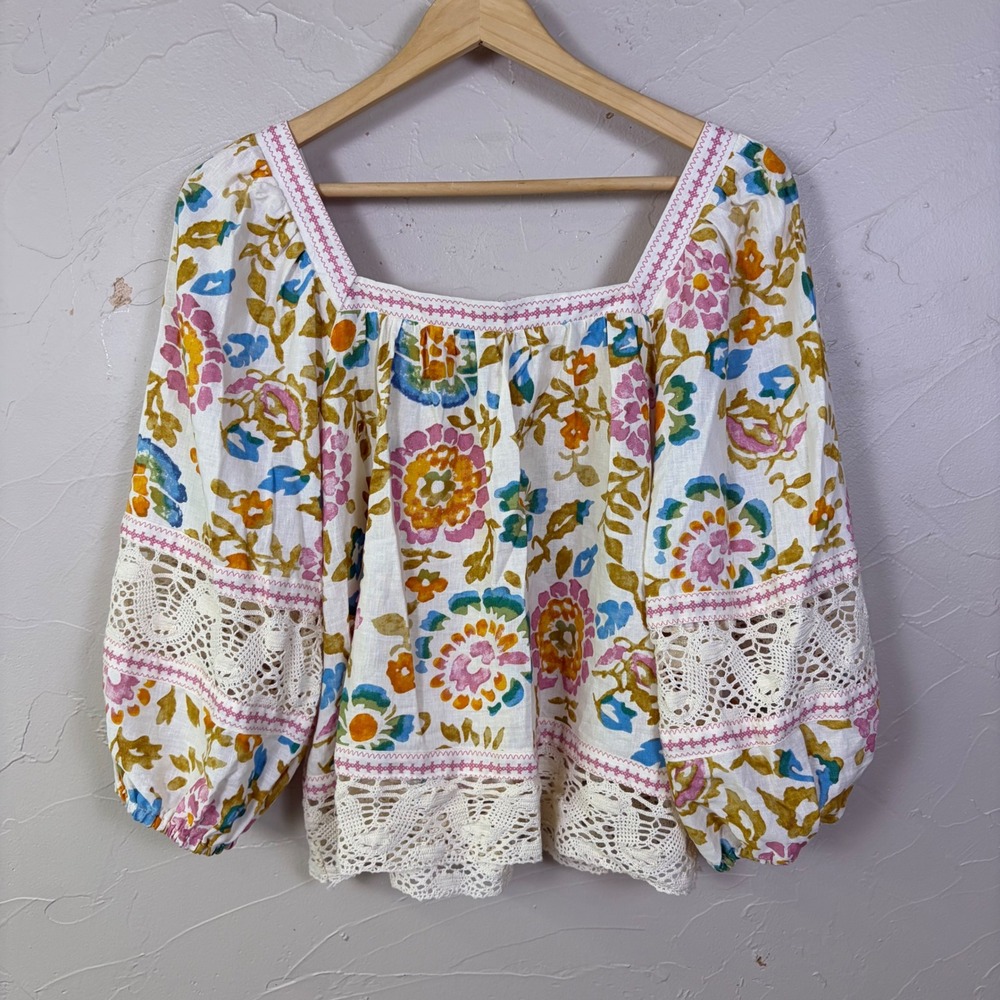 Christian Siriano Floral Crochet Linen Top Women Large Boho Peasant Square Neck - Picture 6 of 14